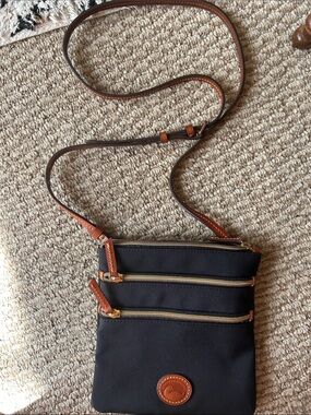Dooney & Bourke Black Crossbody with Brown Trim and Gold Hardware